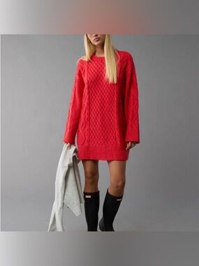 Bright Red Cable Knit chunky american eagle capsule cozy sweater dress holiday